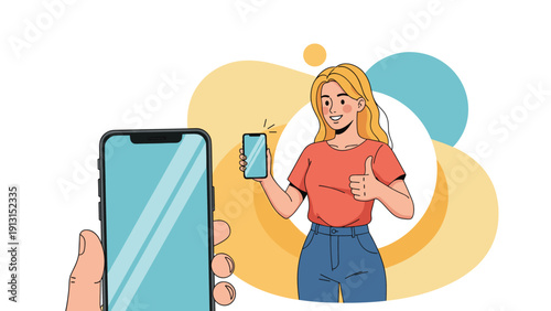 Cheerful young woman holding a smartphone and giving a thumbs up gesture to show her satisfaction with a mobile application.