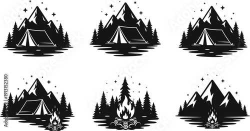 Camping mountain landscape silhouette set, tent campfire forest night adventure vector illustration isolated on white background