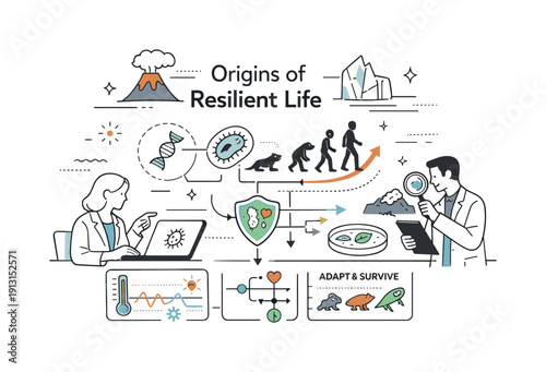 Origins of resilient life. Scientists analyzing data from extreme habitats, abstract charts and symbols highlighting evolution and survival