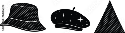 Black fashion hat icons set, bucket hat beret and triangle geometric shape vector illustration isolated on white background