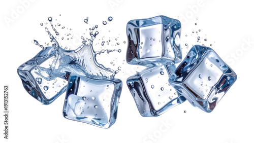 Super Dynamic Flying Ice Cubes with Dramatic Water Splash on White Background