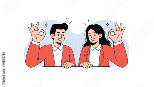 Professional man and woman in red sweaters giving the okay hand sign as a symbol of agreement and positive confirmation.