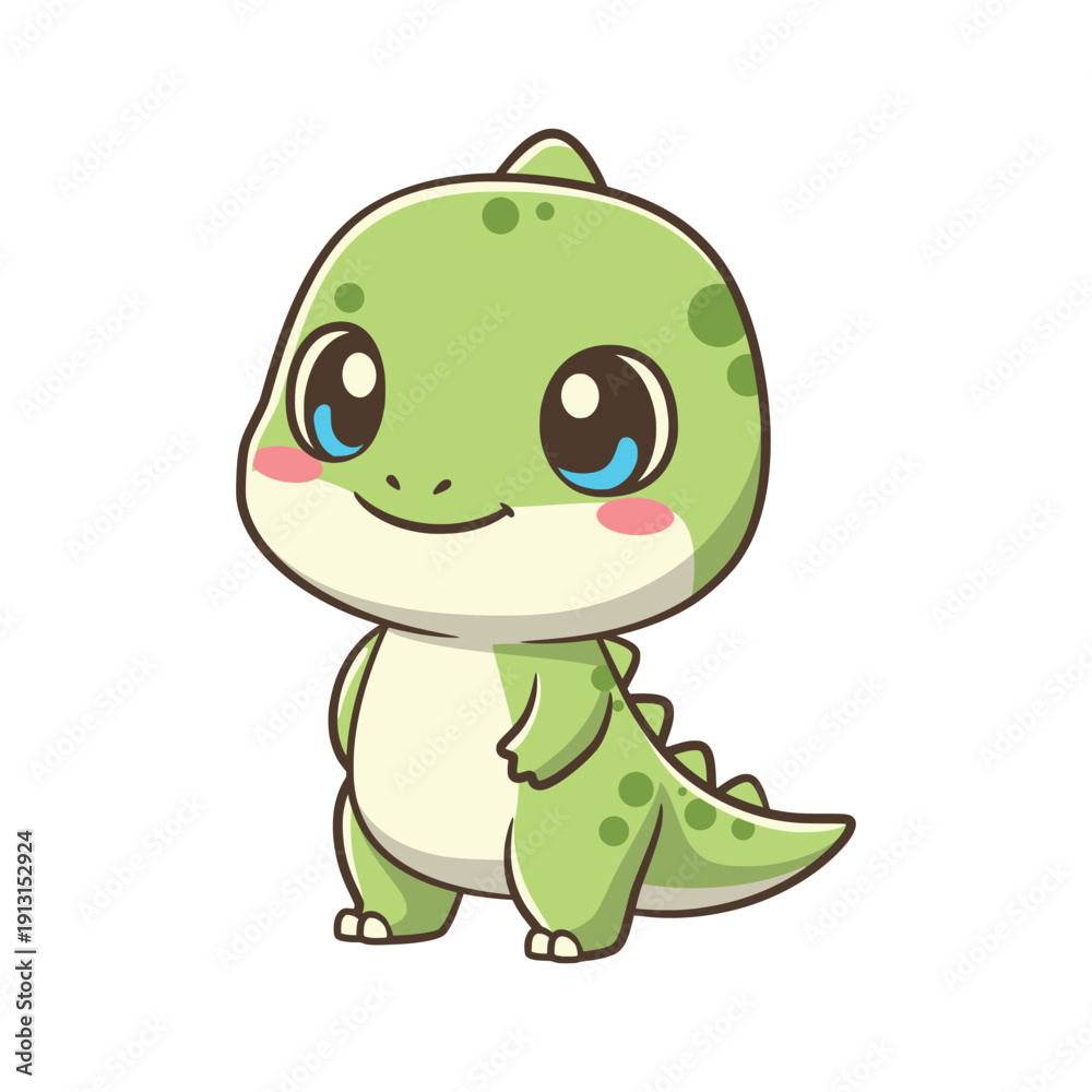 Naklejka premium Tiny green dinosaur character standing looking forward with big blue eyes