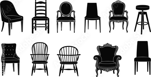 Chair silhouette collection illustration, modern and classic seating furniture, dining armchair stool designs, interior decor, black vector set