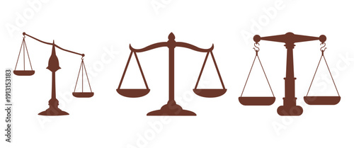 Scales of Justice Icon Set in Black and White, Line Art and Silhouette Vector Illustrations of Legal Balance and Court Law Symbols