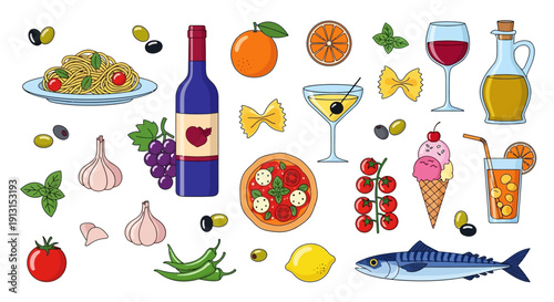 Culinary Collection: A vibrant assortment of Italian food and drink elements, from pasta and pizza to wine and citrus, showcasing the richness of the cuisine.