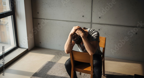 Overhead Cinematic Portrait of Man Experiencing Stress Indoors
