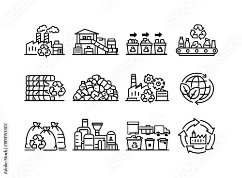Industrial Recycling Icons. Industrial Recycling. Line icon set of Industrial Recycling: factory recycling process, material recovery facility, industrial