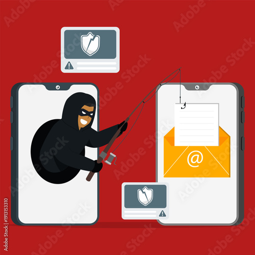 Phishing attack targeting email on mobile devices, showing a hacker stealing messages with hook of fish. Highlighting phishing email, data theft, and cybersecurity threats.