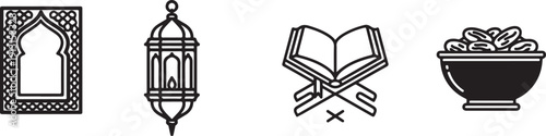 Black and white islamic icons including lantern book and dates