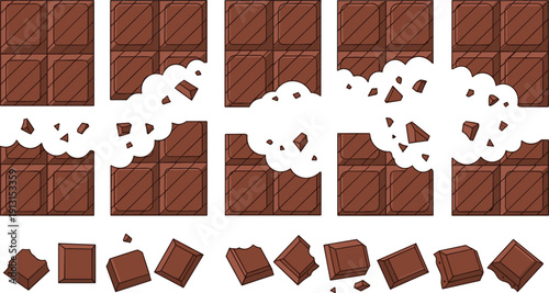 Chocolate bar breaking stages illustration with pieces crumbs and bite effects, sweet dessert process vector collection isolated on white background