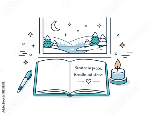 Winter Journaling Serenity. Meditative journaling in winter. Open notebook with a mindful quote, snow-covered landscape outside the window, soft pen and candle