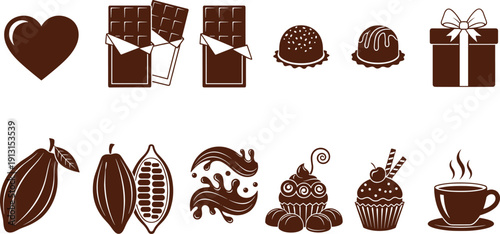 Chocolate dessert icon collection with cocoa beans sweets cupcakes gift box and coffee cup, brown vector symbols isolated on white background