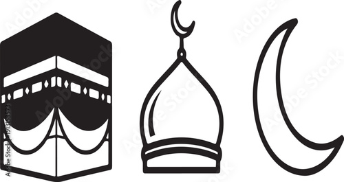 Black and white illustration of kaaba, lantern and crescent moon