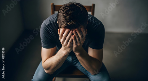 Overhead Cinematic Portrait of Man Experiencing Stress Indoors

