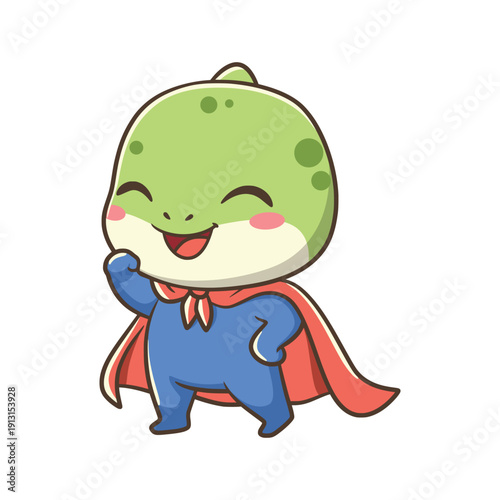 Little dinosaur dressed as a superhero with a blue suit and red cape