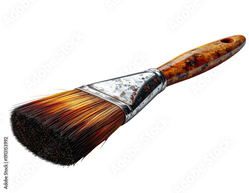 Detailed view of a used paintbrush, against a solid black background