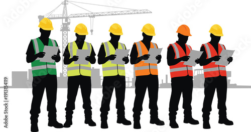 Construction workers silhouette wearing safety helmets and reflective vests holding plans, industrial teamwork vector illustration with crane background isolated on white