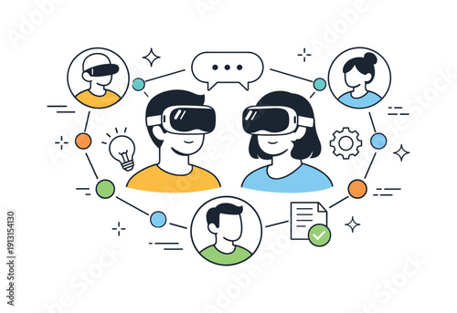 Virtual reality collaboration. Abstract editorial composition with VR headsets, avatars, and connected nodes symbolizing teamwork. Modern