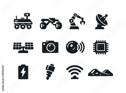 Lunar rover. Solid icon set of Lunar rover: autonomous rover, wheel suspension system, precision robotic arm, dish antenna, power solar