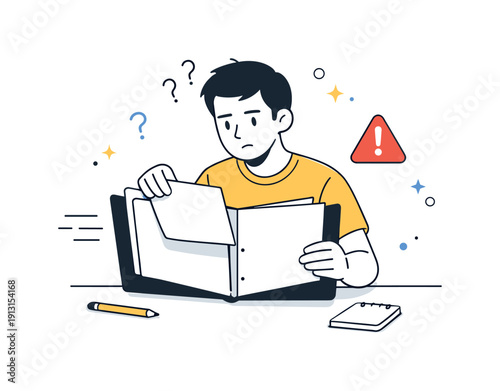 Missing documentation. A person looking through an open folder with empty or missing pages, a small alert icon hovering nearby. The scene