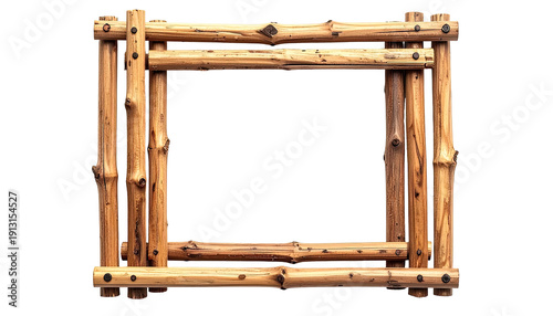A rustic rectangular frame crafted from natural wooden logs and connectors