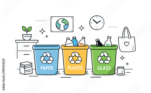 Home recycling systems. A tidy home corner with clearly labeled recycling bins for paper, plastic, and glass, neatly arranged side by side.