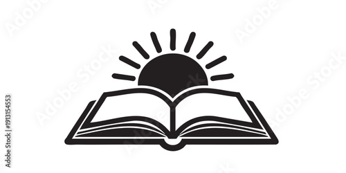 Reading icon, flat black and white, open book with sun, minimal vector, isolated, simple design, silhouette