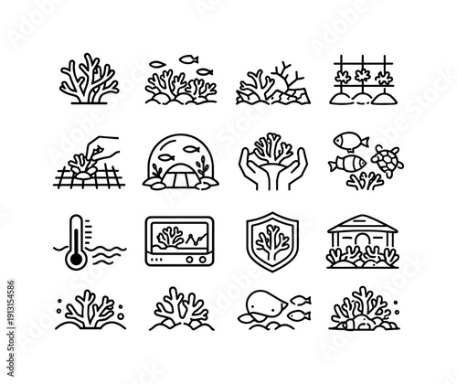 Coral Reef Protection. Line icon set of Coral Reef Protection: coral branches, healthy reef, damaged coral, reef restoration, coral planting,