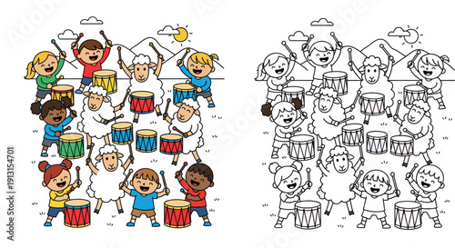 Group of happy cartoon children and white sheep playing drums with drumsticks in nature
