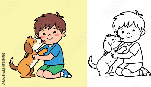Cute cartoon little boy kneeling and hugging a brown puppy dog