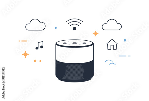 Minimalist Smart Speaker Art. Smart home device minimal scene. A single smart speaker centered with gentle floating signal and cloud icons. Focus on simple