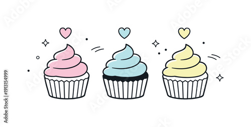 Cupcakes pastel. A minimal cupcake scene with pastel frosting and tiny heart icons floating above. The mood is sweet, celebratory, and calm,