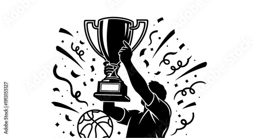 A successful businesswoman celebrating victory with raised arms against a stunning sunset skyline, representing professional growth and corporate achievement.