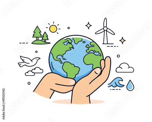 Climate change awareness. A person holding a globe with small icons of nature, wind, and water surrounding it. The scene feels thoughtful,