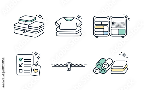 Organized Packing Icons. Suitcase organization icons. Simple symbols like packing cubes, folded items, and zipper lines, expressing structure and efficiency.