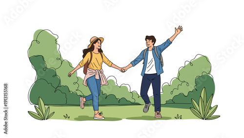 Happy young couple holding hands and running joyfully through a lush green park during a romantic summer date outdoors.