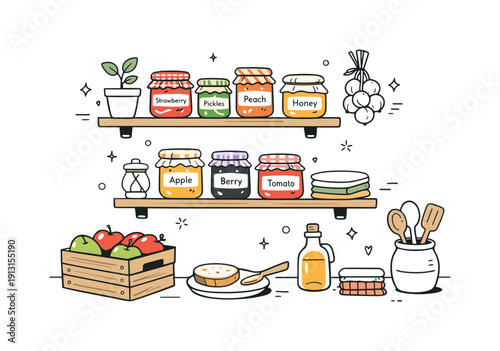 Homemade preserves storage. A quiet kitchen corner with labeled jars, cloth covers, and simple rustic details. Peaceful mood reflecting