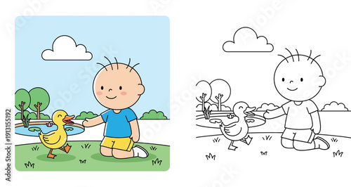 Cute cartoon baby boy playing with a little yellow duck in the park. Vector illustration of a happy toddler interacting with a farm animal near a pond on a sunny day.