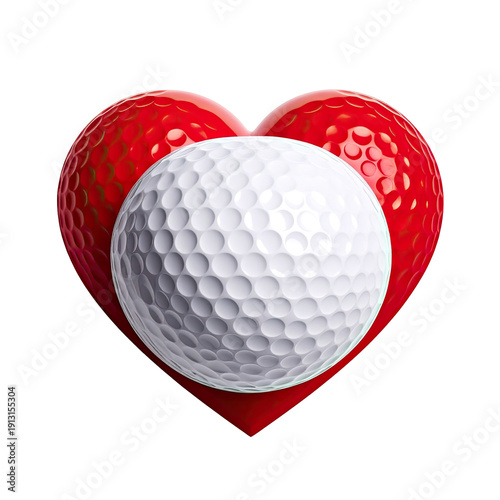 Golf ball nestled within a vibrant red heart shape, on black background