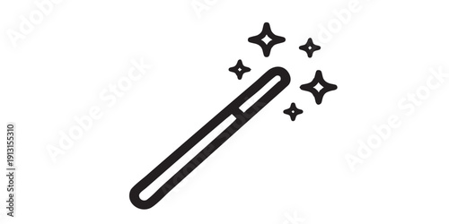 WebMagic wand icon, flat black and white, tip with sparkles, isolated, minimal, outline style, simple design
