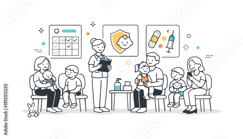 Calm Clinic Waiting Room. Childhood vaccinations. Clinic waiting room with families, posters showing simple health icons and schedules. Calm everyday