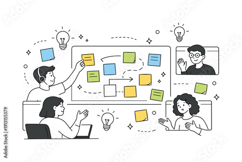 Creative Collaboration Flow. Online brainstorming session. A group adding ideas to a virtual whiteboard, sticky notes and lightbulb icons floating, creative