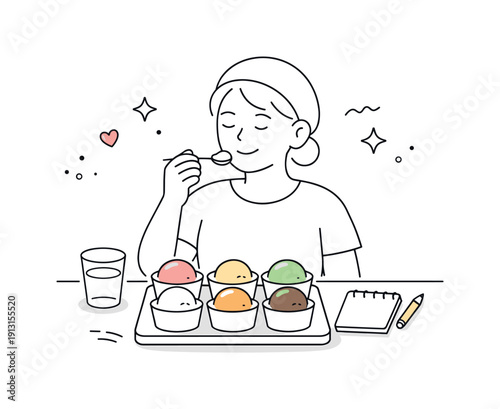 Ice cream tasting rituals. A calm scene of a person sampling ice cream with a small spoon, multiple flavors arranged neatly. Slow enjoyment