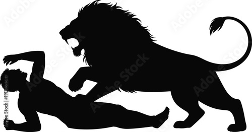 Vector illustration of lion attack silhouette scene—symbols for wildlife danger, predator aggression, human struggle, survival moment, confrontation, fear, and dramatic representation