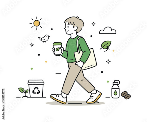 Eco-friendly coffee routine. A person holds a reusable coffee cup with a visible logo while walking calmly. Everyday sustainability habit
