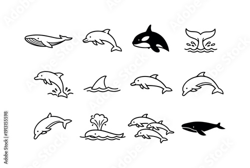Marine Mammals Icons. Minimalist flat illustration. A large, bright yellow sun with thick geometric rays in a clear sky. In the bottom corner, a simple