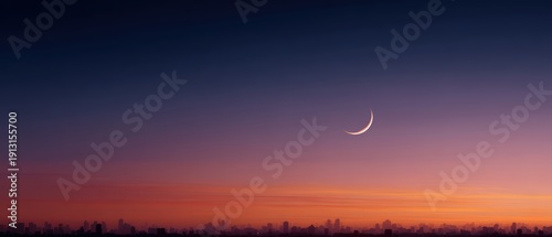 Panel kuchenny z motywem Crescent moon with dramatic sunset sky and city silhouette, ramadan banner