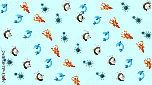 Suitable for educational materials, childrens books, ocean conservation projects, and marinethemed designs. Bright, colorful illustrations of sea creatures on blue background.