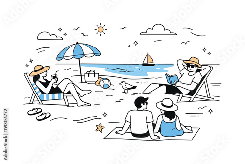 Sunny Beach Bliss. Vacation vibes in June. People relaxing on a sunny beach with light breeze, hats and sunglasses, calm summer mood. Feeling of freedom,